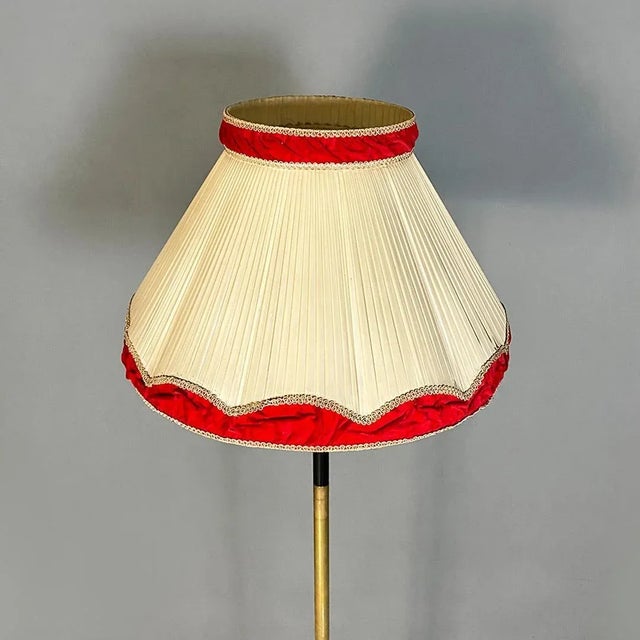 Metal Mid-Century Italian Modern Metal and Brass Floor Lamp with Beige and Red Fabric Shade, 1940 For Sale - Image 7 of 12
