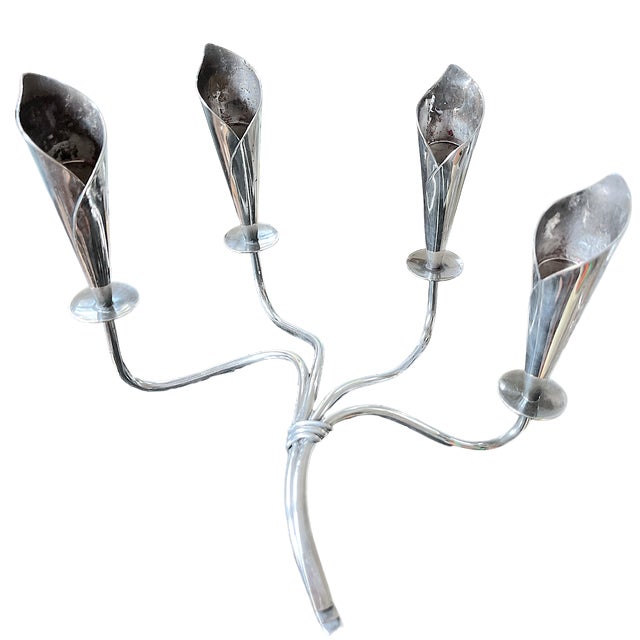 Mid 20th Century 20th Century Hans Jensen Denmark Calla Lily Four Arm Silver Mid-Century Modern Candelabra For Sale - Image 5 of 9