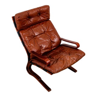 1960s Mid Century Danish Modern Lounge Chair Brown Leather Bentwood Vintage High Back For Sale