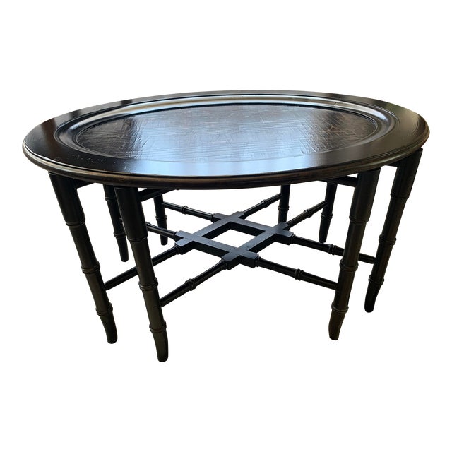 Ethan Allen Faux Bamboo Black Chinoiserie Tray Table For Sale