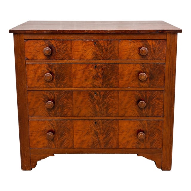 19th Century American Empire Figured Wood Four-Drawer Chest of Drawers Flame Mahogany For Sale