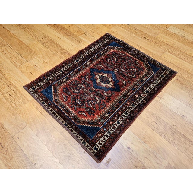 Textile Vintage Persian Malayer Area Rug, Hand-Knotted Wool, Geometric Pattern, 2x3, Red & Blue For Sale - Image 7 of 8