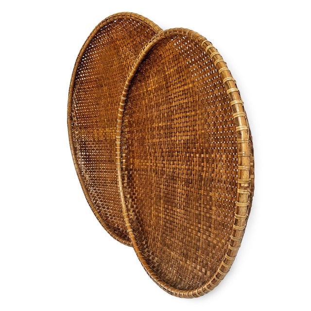 Wood Vintage Bamboo Woven Round Basket Tray Medium For Sale - Image 7 of 8