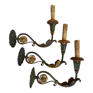 Set of 3 Italian Carved Wood and Original Old Painted Mixed Metal Sconces