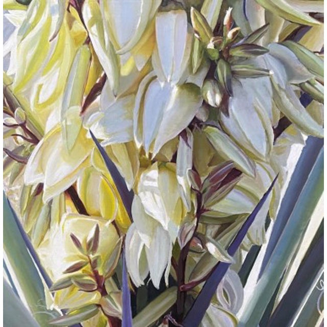 Pure Gold by Sheri Farabaugh | Oil on Hardboard Painting of white flowers with green leaves For Sale
