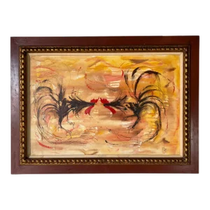1970's Mid-Century "Cockfight" Oil on Canvas Painting, Framed