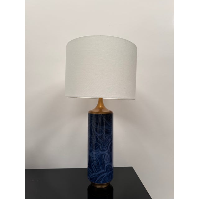 Metal Transitional Navy Blue Malachite Pattern Lamps by John Richards - a Pair For Sale - Image 7 of 12