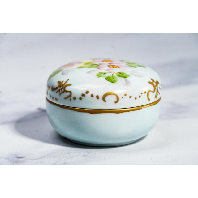 Delightful Hand Painted Floral Flower Theme Antique Small Porcelain Jewelry Trinket Box For Sale - Image 13 of 13