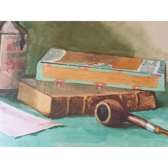 Harmonious watercolor in Greens and Browns from the early 20th C., in the Arts and Crafts style popular in that era....