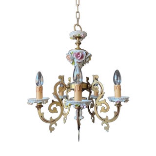 Antique Chandelier in Ceramic and Brass, 1960s For Sale