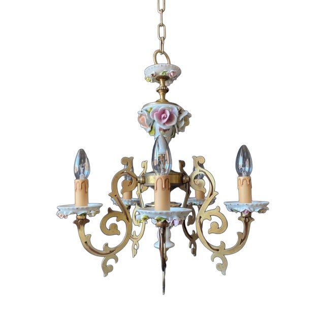 Antique Chandelier in Ceramic and Brass, 1960s For Sale