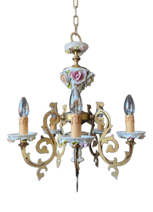 Antique Chandelier in Ceramic and Brass, 1960s