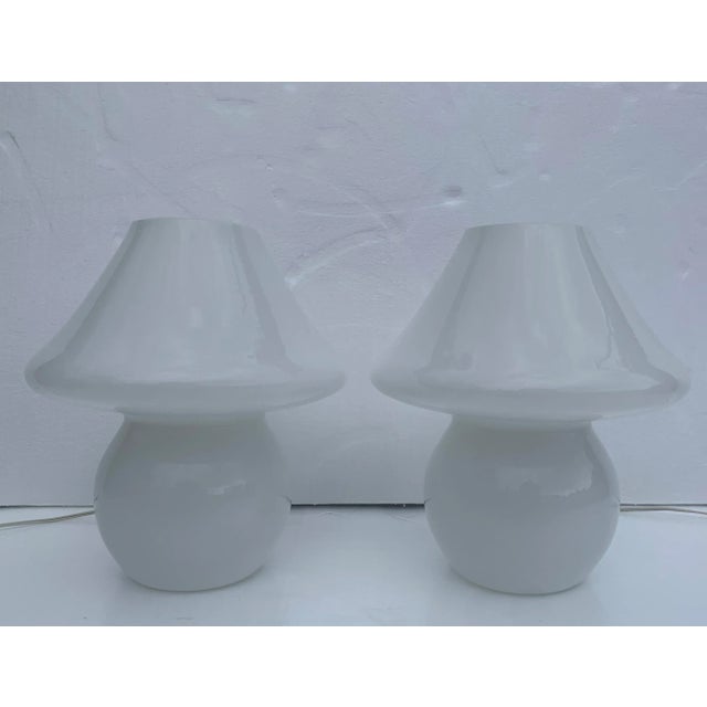 Vintage Italian White Murano Mushroom Lamps - a Pair For Sale - Image 9 of 11