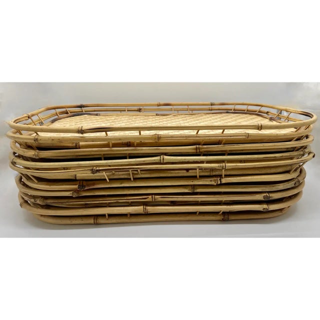 Mid 20th Century Vintage Boho Woven Rattan & Bamboo Stacked Serving Trays - Set of 8 For Sale - Image 5 of 11