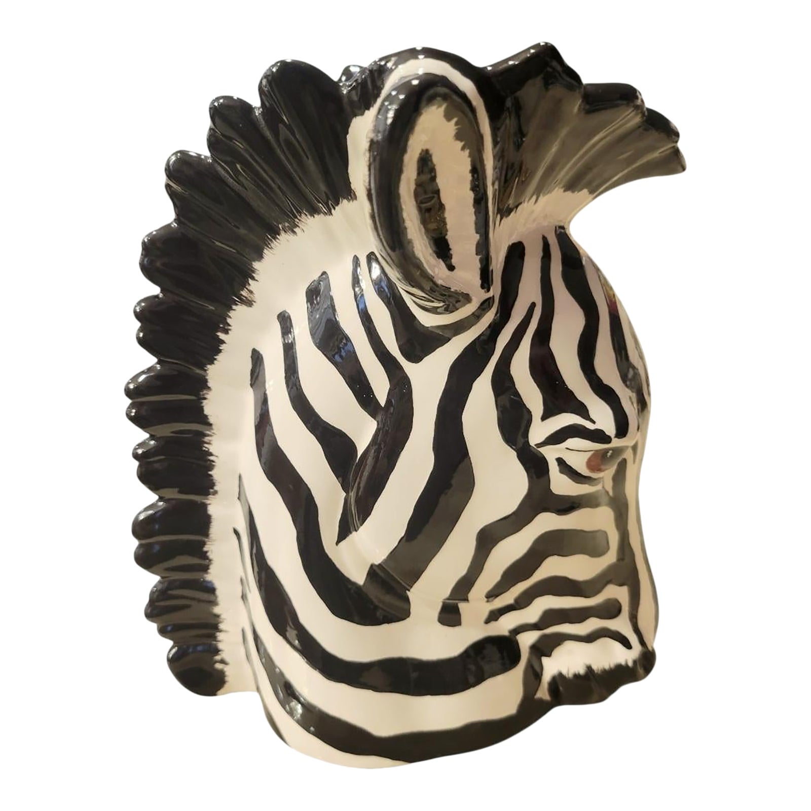 1981 Vintage Ceramic Black White Zebra Head Vase in the Manner of Fitz ...