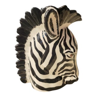 1981 Vintage Ceramic Black White Zebra Head Vase in the Manner of Fitz and Floyd For Sale