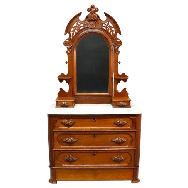 Carved Walnut Marble Top 3 Drawer Dresser With Extra Hidden Drawer C1880 For Sale - Image 4 of 12