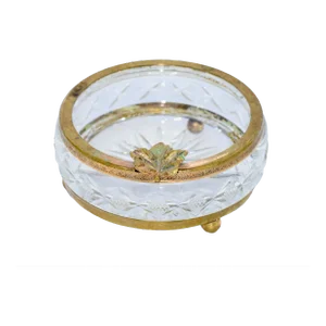 1920s European Brass Leaf & Diamond Cut Crystal Ormolu Footed Ashtray