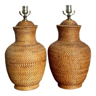 Vintage Boho Woven Rattan Lamps - A Pair For Sale