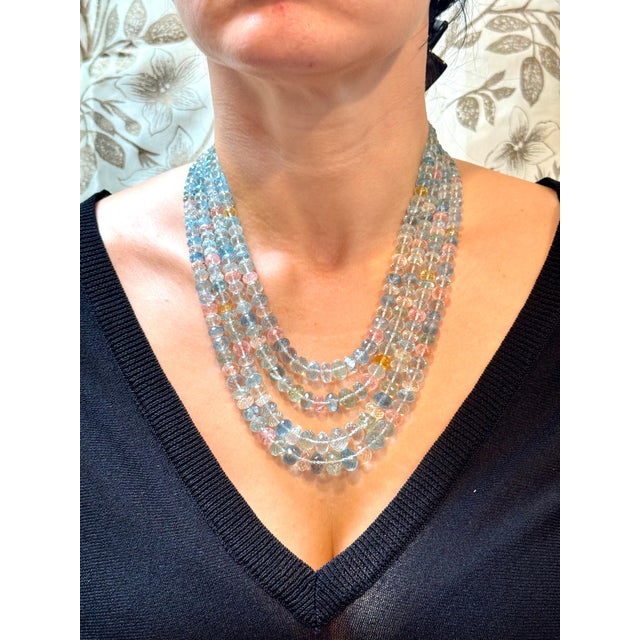 1000 Carat Natural Fine Aquamarine Bead Necklace, Four Strand in Metal Clasp For Sale - Image 12 of 18