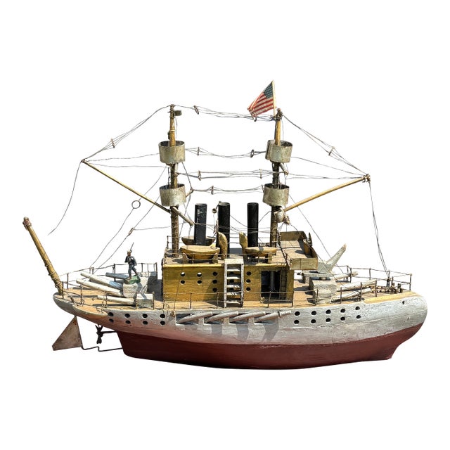Late 19th C. American Primitive Folk Hand-Crafted Battleship Model on Base For Sale