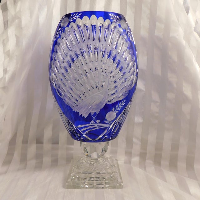 1940s Very Large Blue Cut to Cear Vase With Peacock Design For Sale - Image 4 of 11