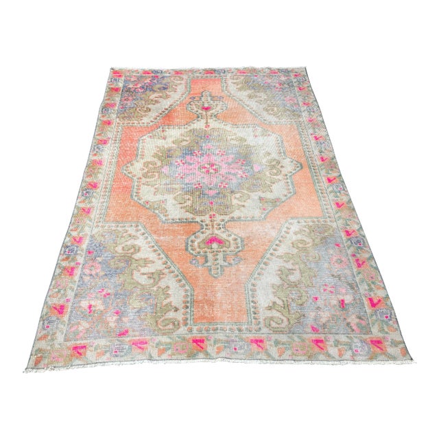 1960s Vintage Turkish Oushak Faded Rug - 4′3″ × 7′ For Sale