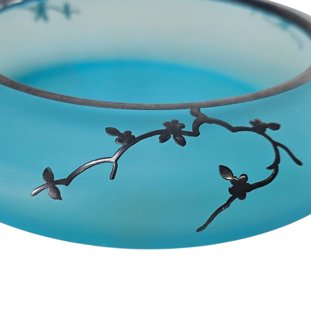 Traditional Exquisite 1910s Art Nouveau Blue Satin Glass Bowl – Silver Overlay & Parrot Motif For Sale - Image 3 of 7
