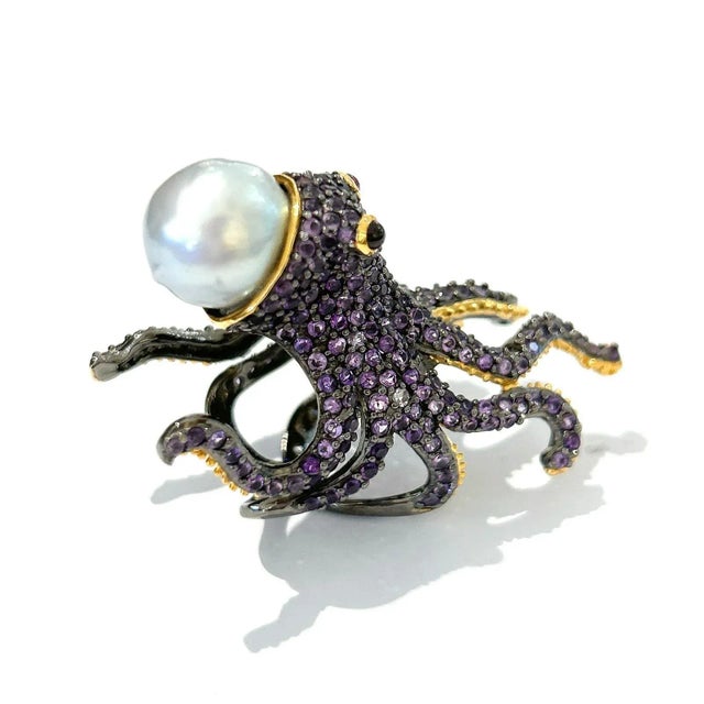 Traditional Bochic “Orient” Pink/Purple Amethyst & South Sea Pearl Ring in 18k Gold & Silver Size Us 7 For Sale - Image 3 of 5