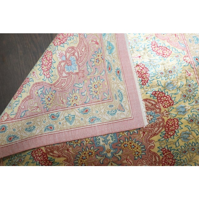 Persian Zabihi Collection Botanical Silk Persian Qum Mini Rug For Sale - Image 3 of 9