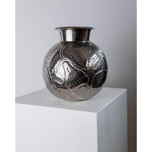 Vintage Nickel-Plated Brass Vase with Hand-Hammered Fruit and Leaf Relief, Italy, 1960s For Sale - Image 6 of 15