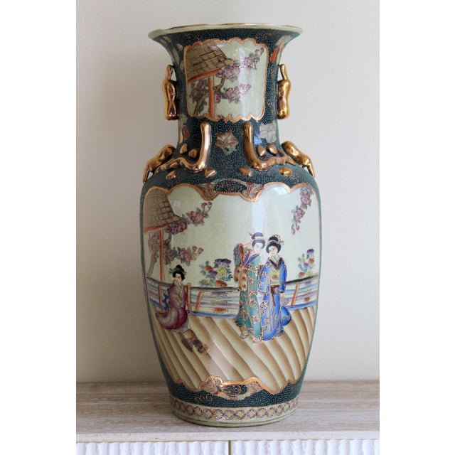 Japanese Vintage Royal Satsuma-Style Porcelain Vase – Hand-Painted Geishas & Gilded Handles For Sale - Image 3 of 18