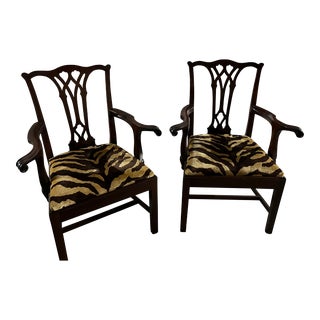 Scalamandre Le Tiger Fabric Solid Mahogany Queen Anne Arm Chairs- Set of 2 For Sale