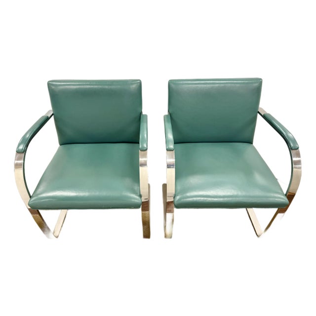 Pair of Mid Century Brno Chrome Flat Bar Teal Leather Chairs For Sale
