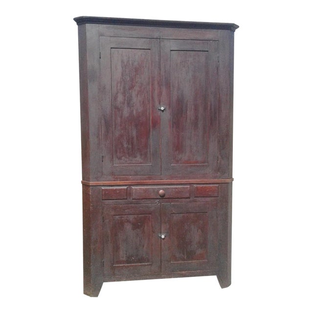 1850s Two Piece Poplar Blind Door Corner Cabinet Cupboard W Orginal Alligator Finish For Sale