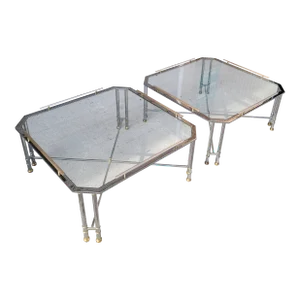 Mid 20th Century Pair of Hollywood Regency Maison Jansen Style Octagonal Chrome, Glass & Brass Cocktail Tables