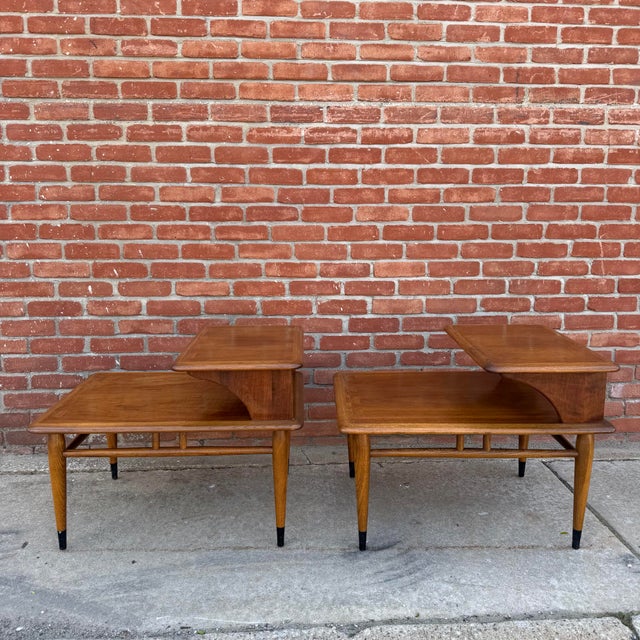 Mid-Century Modern Pair of Vintage Lane "Acclaim" Walnut Two-Tier Step End Tables For Sale - Image 3 of 11