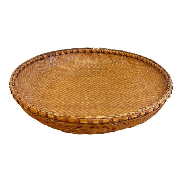 Vintage Large Round Woven Wicker Basket Tray For Sale