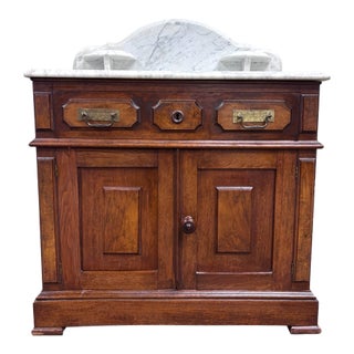Antique Late 1800s Victorian Walnut Marble Top Washstand For Sale