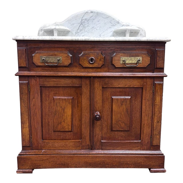 Antique Late 1800s Victorian Walnut Marble Top Washstand For Sale