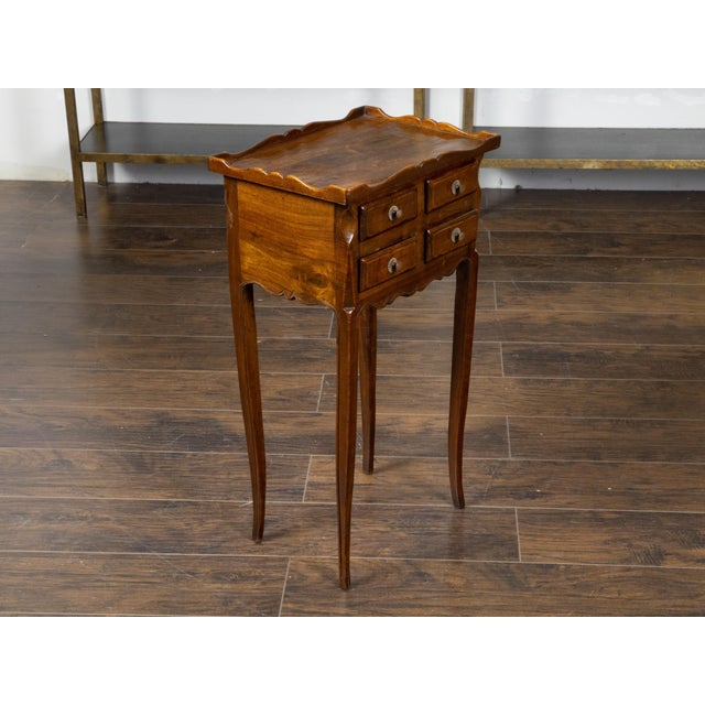 Brown French, 1900s, Walnut Side Table with Carved Tray Top and Four Small Drawers For Sale - Image 8 of 12