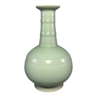 Ancient Chinese Longquan Celadon Ribbon Neck Vase | One of a Kind For Sale