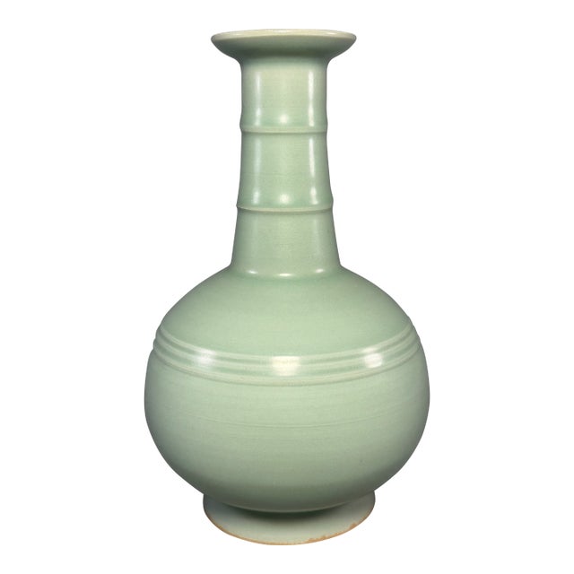 Ancient Chinese Longquan Celadon Ribbon Neck Vase | One of a Kind For Sale
