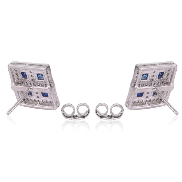 Metal Art Deco Blue Sapphire & Diamond Square Halo Wedding Stud Earrings - 2 Pieces For Sale - Image 7 of 13