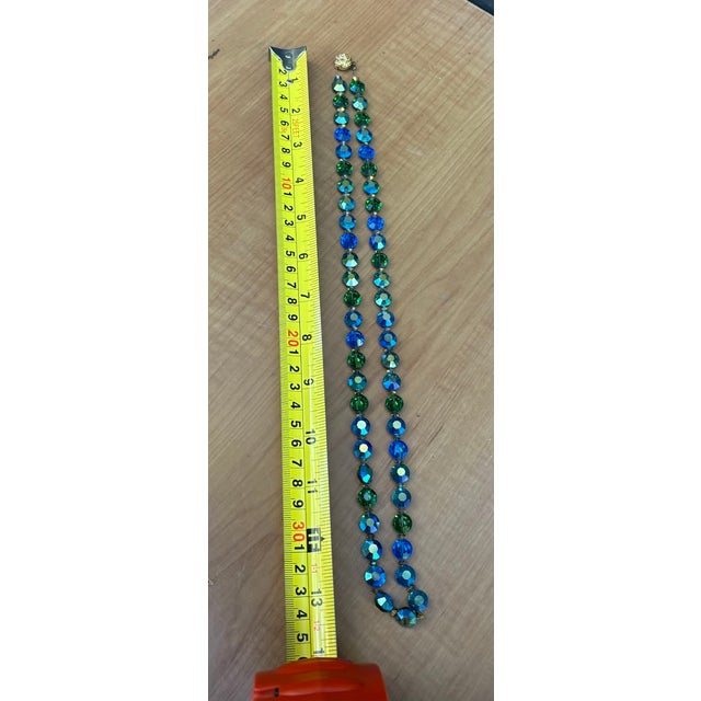 Exquisite 1940s-50s iridescent blue-green heavy beaded necklace on silver metal chain w/ gold-tone rose clasp. Excellent...