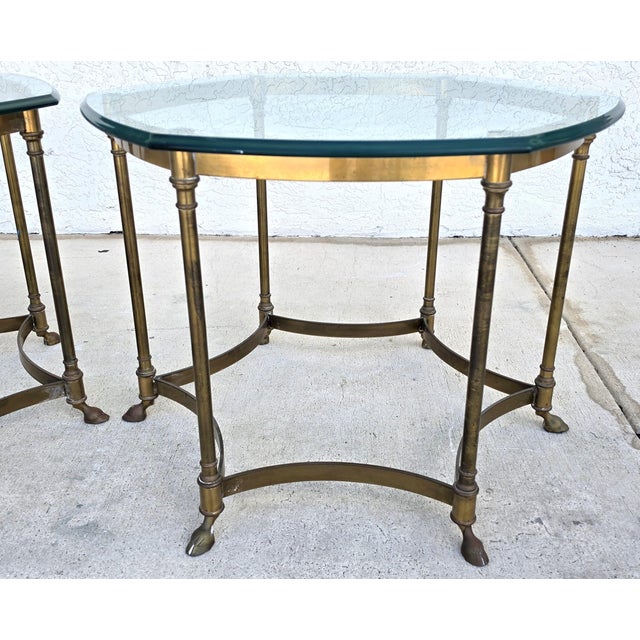Labarge Vintage Labarge Side Tables Brass Glass Hoof Footed Octagonal Pair For Sale - Image 4 of 17