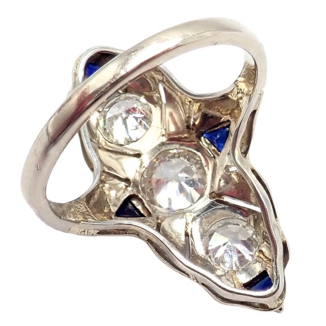 Vintage Estate White Gold Diamond Sapphire Art Deco Ring, Size 7 For Sale - Image 4 of 11