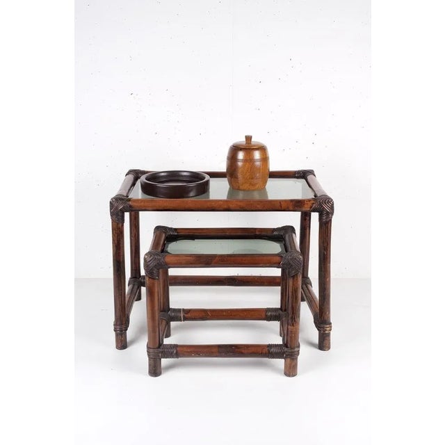 Bamboo Stacking Tables with Smoked Glass Top, Set of 2 For Sale - Image 4 of 6
