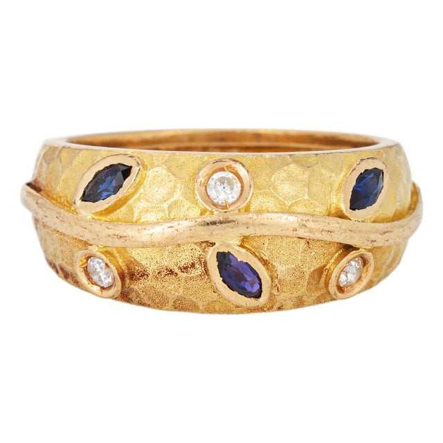 80s Portuguese Vine Leaf Ring 19k Yellow Gold Sapphire Diamond Band Sz 8.5 For Sale