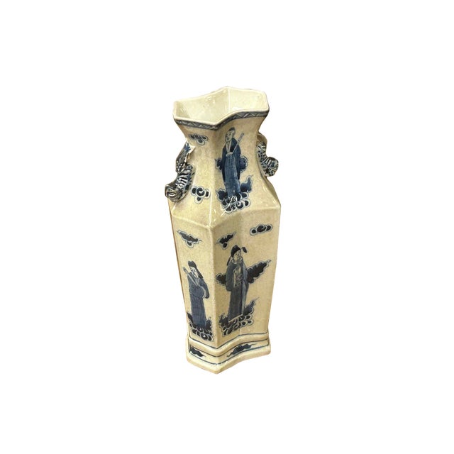 Asian Vintage Rhombus Shape Blue White Eight Immortal Graphic Porcelain Vase For Sale - Image 3 of 18